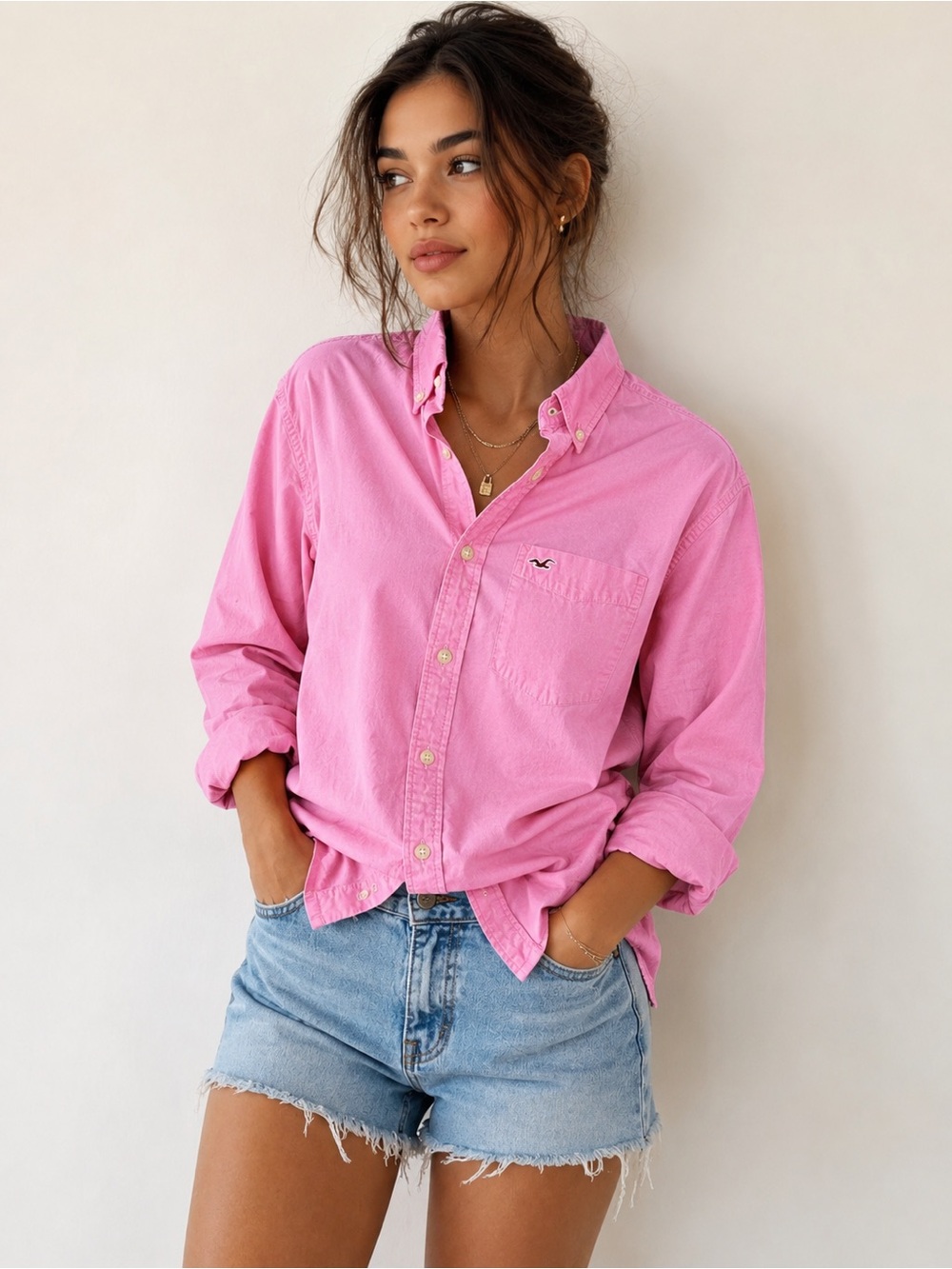 Hollister Pink Oxford Long Sleeve Button Down Shirt Preppy Coastal Unisex